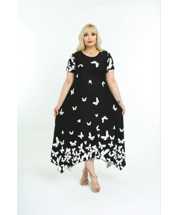 Kadın Büyük Beden Desenli Kısa Kollu Asimetrik Etekli Elbise