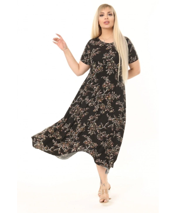 Kadın Büyük Beden Desenli Kısa Kollu Asimetrik Etekli Elbise