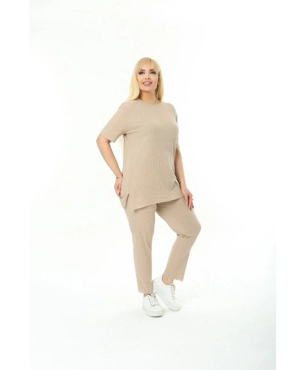 Kadın Kısa Kollu Beli Lastikli Rahat Kalıp Ikili Pamuklu Kaşkorse Takım