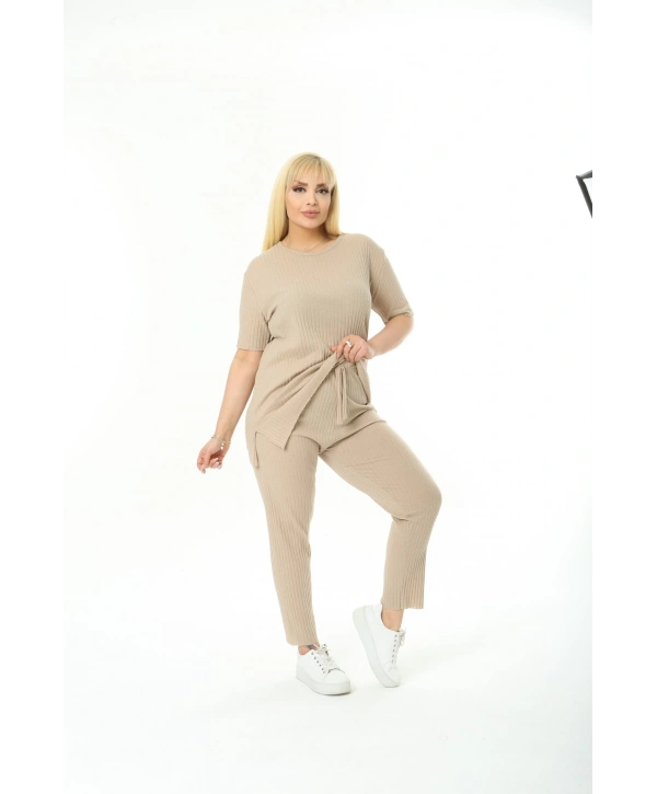 Kadın Kısa Kollu Beli Lastikli Rahat Kalıp Ikili Pamuklu Kaşkorse Takım