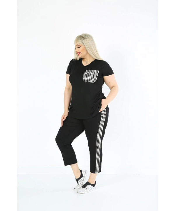Kadın Büyük Beden Siyah Kazayağı Detaylı Yazlık Kapri Takım
