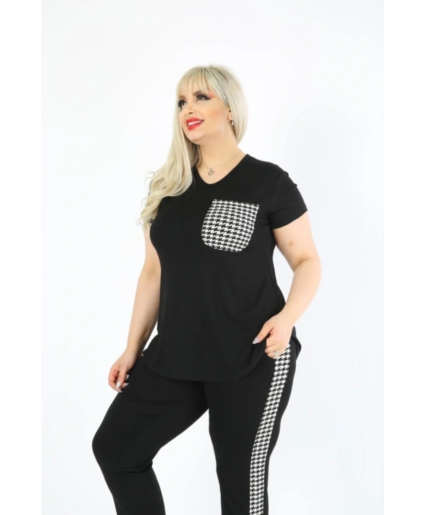 Kadın Büyük Beden Siyah Kazayağı Detaylı Yazlık Kapri Takım