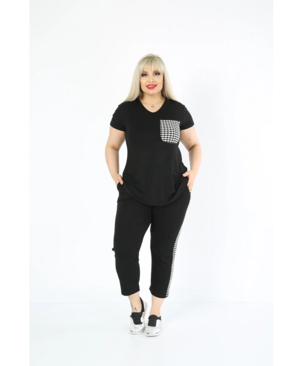 Kadın Büyük Beden Siyah Kazayağı Detaylı Yazlık Kapri Takım
