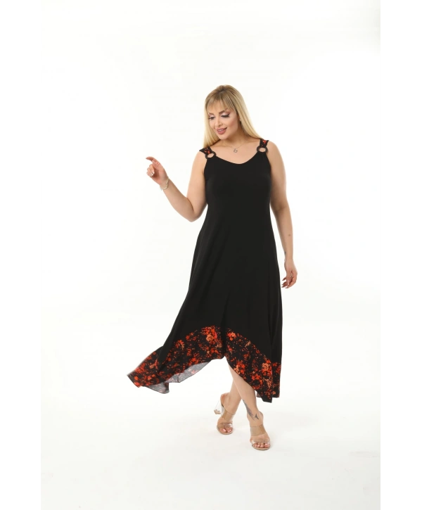 Kadın Büyük Beden Tokalı Askılı Taş Desenli Elbise