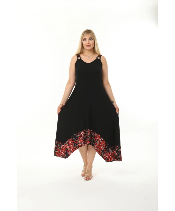 Kadın Büyük Beden Tokalı Askılı Taş Desenli Elbise