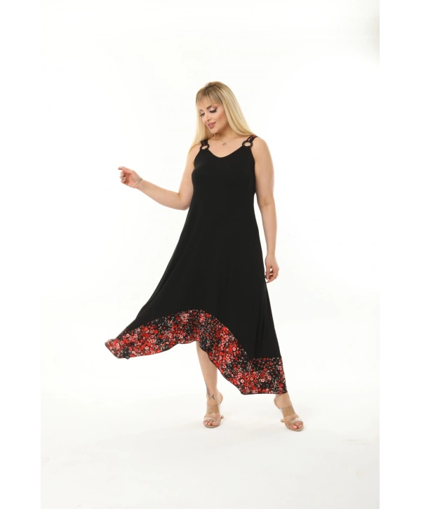 Kadın Büyük Beden Tokalı Askılı Taş Desenli Elbise