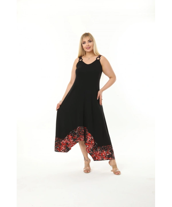 Kadın Büyük Beden Tokalı Askılı Taş Desenli Elbise