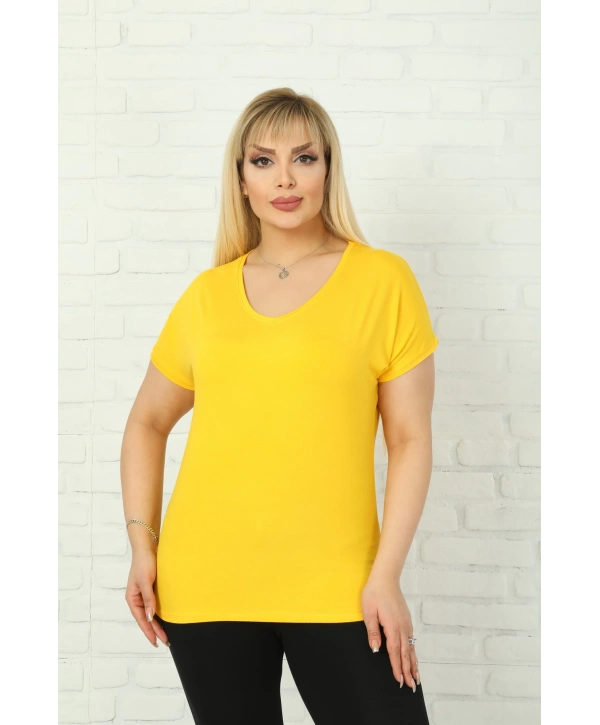 Kadın Büyük Beden V Yaka Kısa Kol Bluz