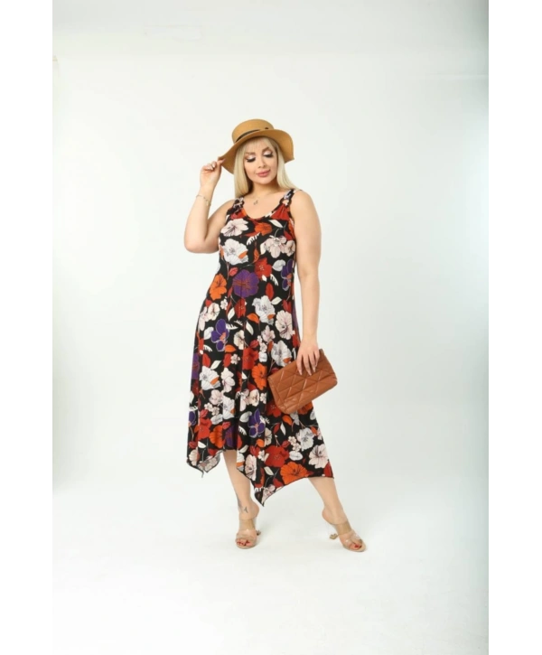Kadın Büyük Beden Tokalı Askılı Çiçek Desenli Elbise