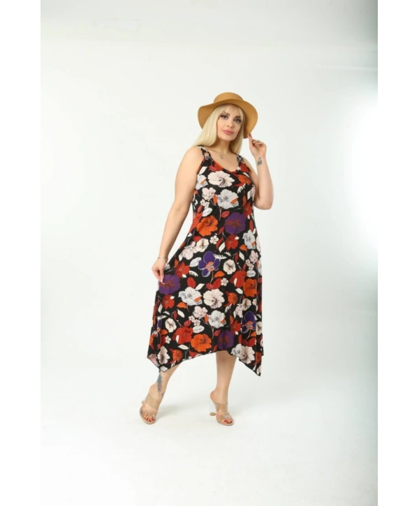 Kadın Büyük Beden Tokalı Askılı Çiçek Desenli Elbise