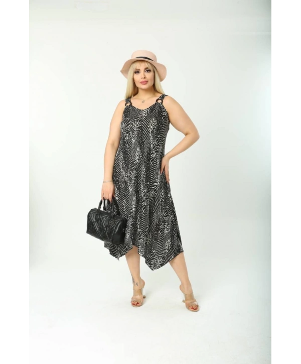 Kadın Büyük Beden Tokalı Askılı Çizgi Desenli Elbise