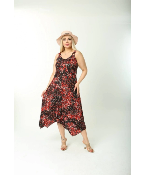 Kadın Büyük Beden Tokalı Askılı Çiçek Desenli Elbise