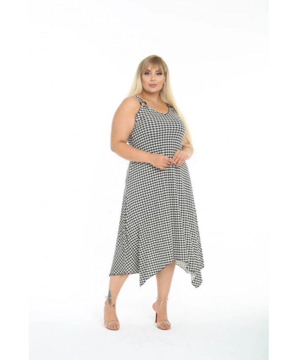 Kadın Büyük Beden Tokalı Askılı Kazayağı Desenli Elbise