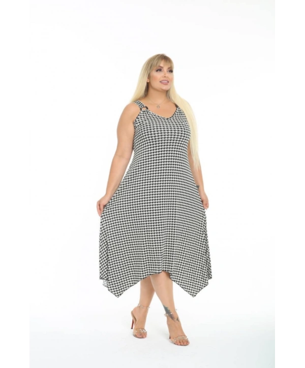 Kadın Büyük Beden Tokalı Askılı Kazayağı Desenli Elbise