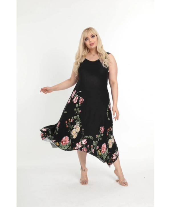 Kadın Büyük Beden Tokalı Askılı Çiçek Desenli Siyah Elbise