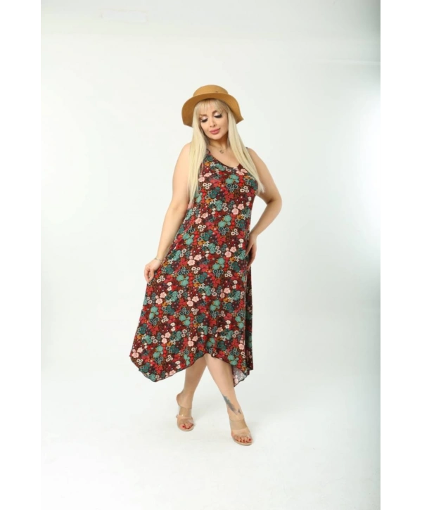 Kadın Büyük Beden Tokalı Askılı Çiçek Desenli Elbise