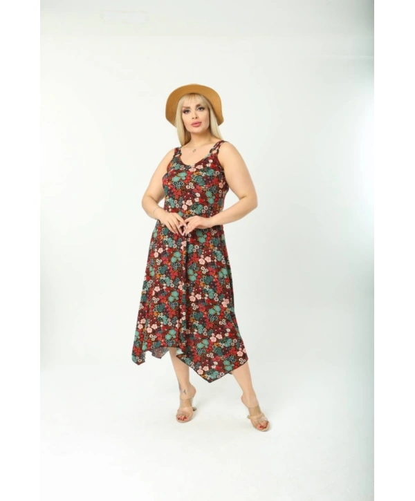 Kadın Büyük Beden Tokalı Askılı Çiçek Desenli Elbise