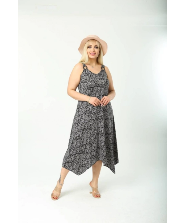 Kadın Büyük Beden Tokalı Askılı Çiçek Desenli Elbise