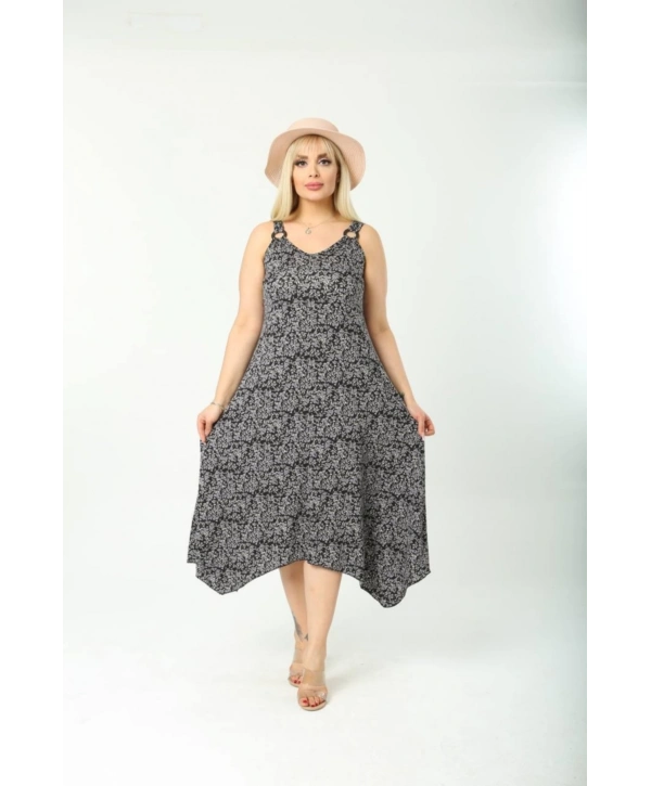 Kadın Büyük Beden Tokalı Askılı Çiçek Desenli Elbise