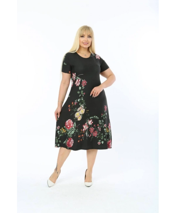 Kadın Büyük Beden Kısa Kollu Midi Boy Çiçek Desenli Siyah Elbise