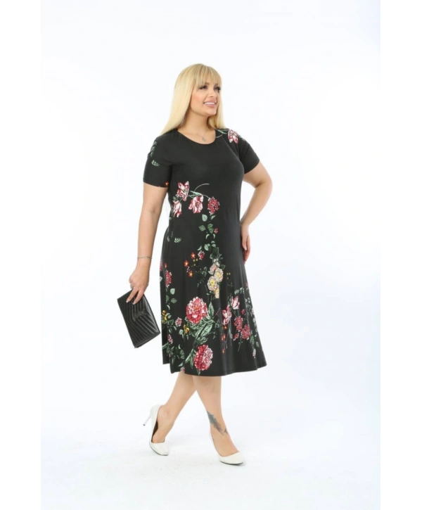 Kadın Büyük Beden Kısa Kollu Midi Boy Çiçek Desenli Siyah Elbise