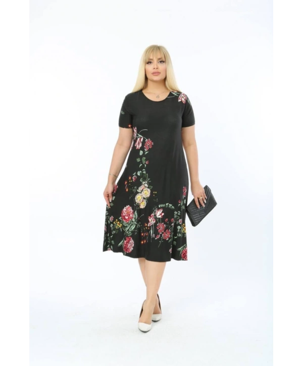 Kadın Büyük Beden Kısa Kollu Midi Boy Çiçek Desenli Siyah Elbise