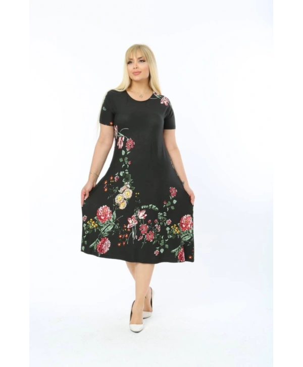 Kadın Büyük Beden Kısa Kollu Midi Boy Çiçek Desenli Siyah Elbise