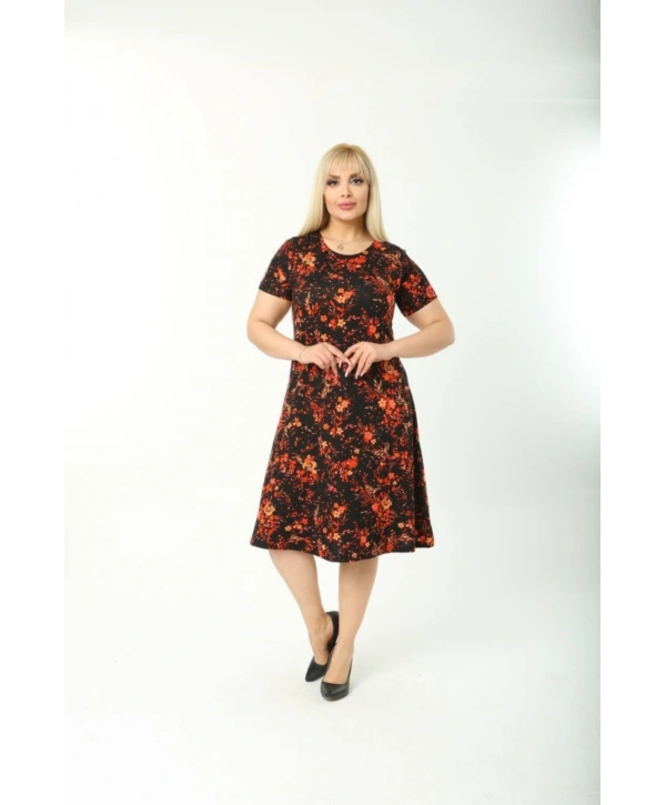 Kadın Büyük Beden Kısa Kollu Midi Boy Çiçek Desenli Elbise