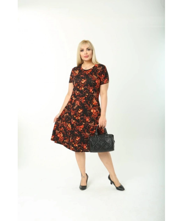 Kadın Büyük Beden Kısa Kollu Midi Boy Çiçek Desenli Elbise