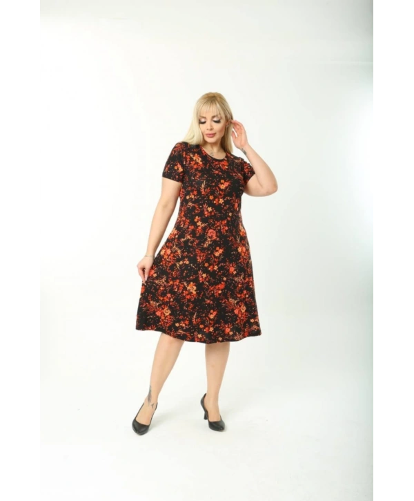 Kadın Büyük Beden Kısa Kollu Midi Boy Çiçek Desenli Elbise