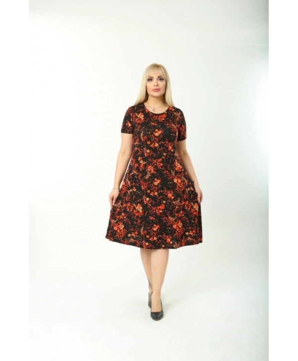 Kadın Büyük Beden Kısa Kollu Midi Boy Çiçek Desenli Elbise