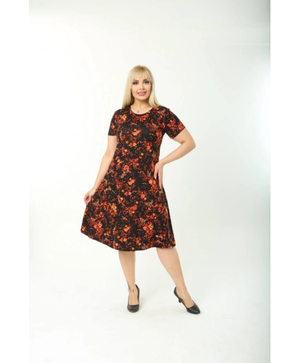 Kadın Büyük Beden Kısa Kollu Midi Boy Çiçek Desenli Elbise