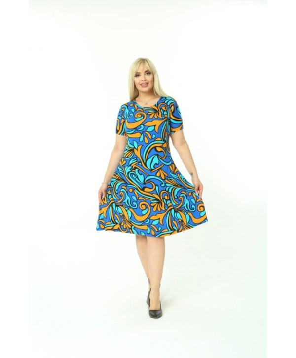 Kadın Büyük Beden Kısa Kollu Midi Boy Mavi Desenli Elbise