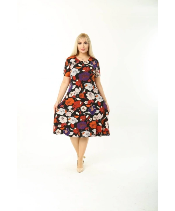 Kadın Büyük Beden Kısa Kollu Midi Boy Çiçek Desenli Elbise