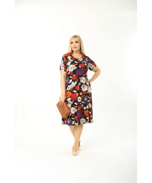 Kadın Büyük Beden Kısa Kollu Midi Boy Çiçek Desenli Elbise