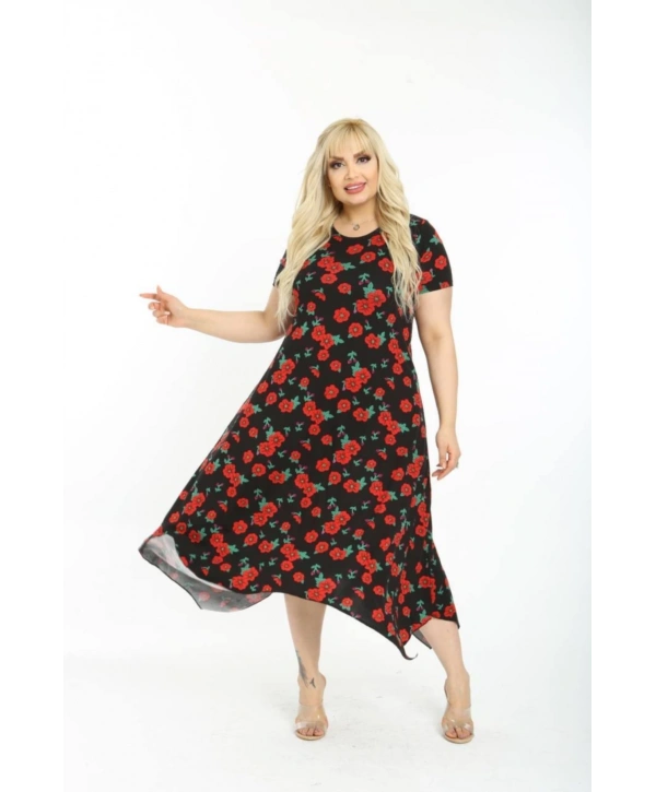 Kadın Büyük Beden Siyah Desenli Kısa Kollu Elbise