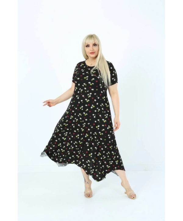 Kadın Büyük Beden Siyah Desenli Kısa Kollu Elbise