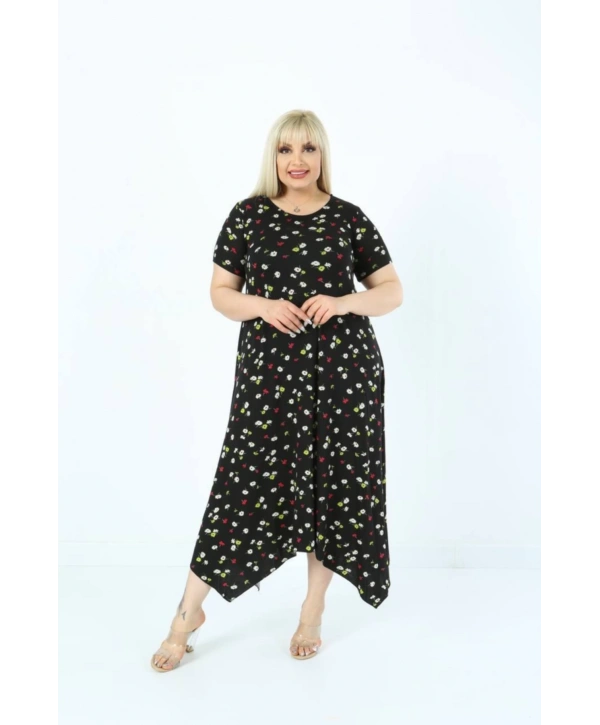 Kadın Büyük Beden Siyah Desenli Kısa Kollu Elbise