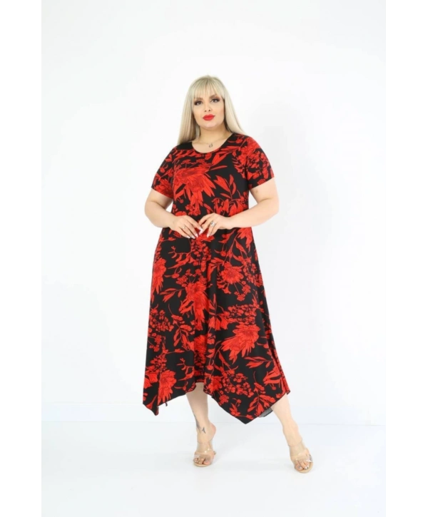 Kadın Büyük Beden Siyah Desenli Kısa Kollu Elbise