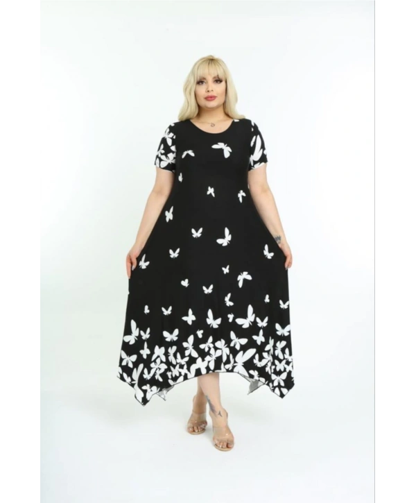 Kadın Büyük Beden Siyah Kelebek Desenli Kısa Kollu Elbise 11elb976