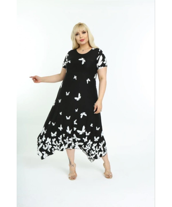Kadın Büyük Beden Siyah Kelebek Desenli Kısa Kollu Elbise 11elb976