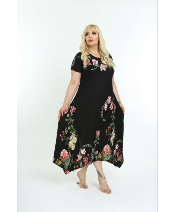 Kadın Büyük Beden Siyah Çiçek Desenli Kısa Kollu Elbise 11elb976