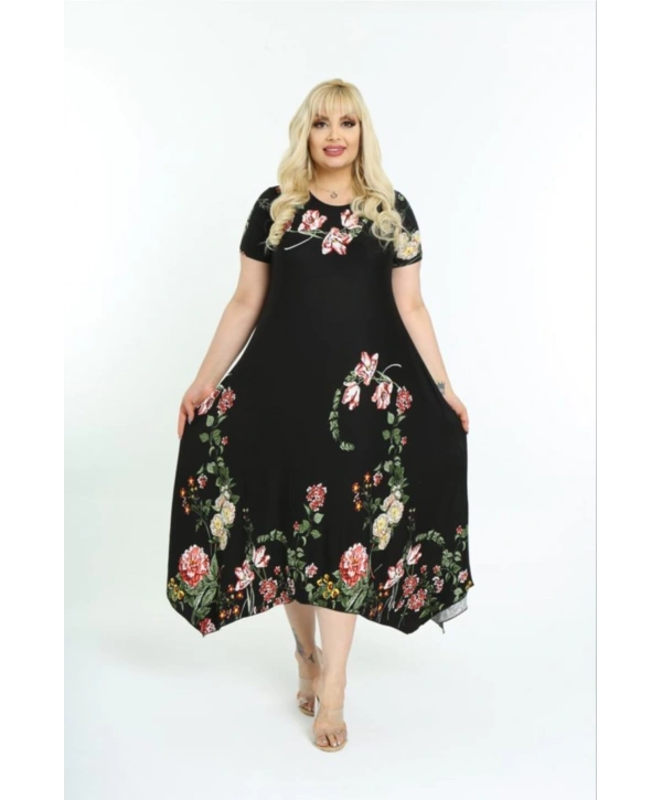 Kadın Büyük Beden Siyah Çiçek Desenli Kısa Kollu Elbise 11elb976