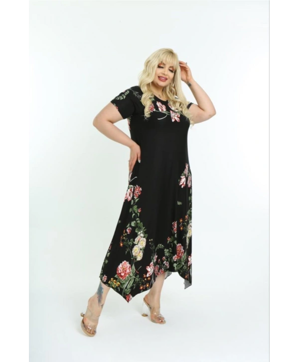 Kadın Büyük Beden Siyah Çiçek Desenli Kısa Kollu Elbise 11elb976