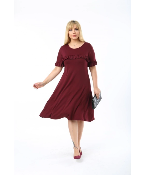 Kadın Büyük Beden Kol Ve Göğüs Fırfırlı Bisiklet Yaka Midi Boy Elbise