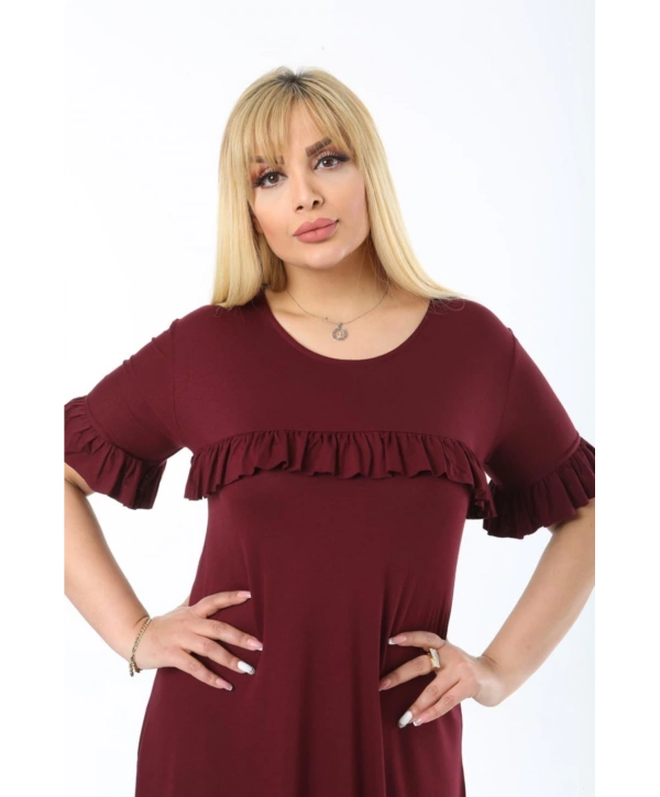 Kadın Büyük Beden Kol Ve Göğüs Fırfırlı Bisiklet Yaka Midi Boy Elbise