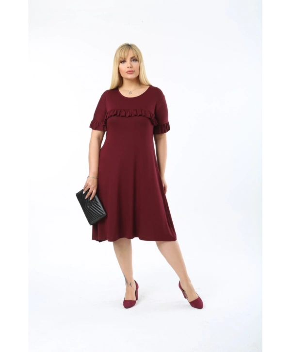 Kadın Büyük Beden Kol Ve Göğüs Fırfırlı Bisiklet Yaka Midi Boy Elbise