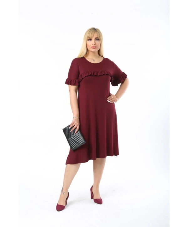 Kadın Büyük Beden Kol Ve Göğüs Fırfırlı Bisiklet Yaka Midi Boy Elbise