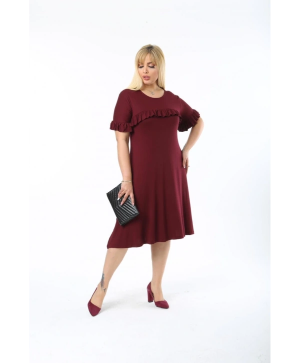 Kadın Büyük Beden Kol Ve Göğüs Fırfırlı Bisiklet Yaka Midi Boy Elbise