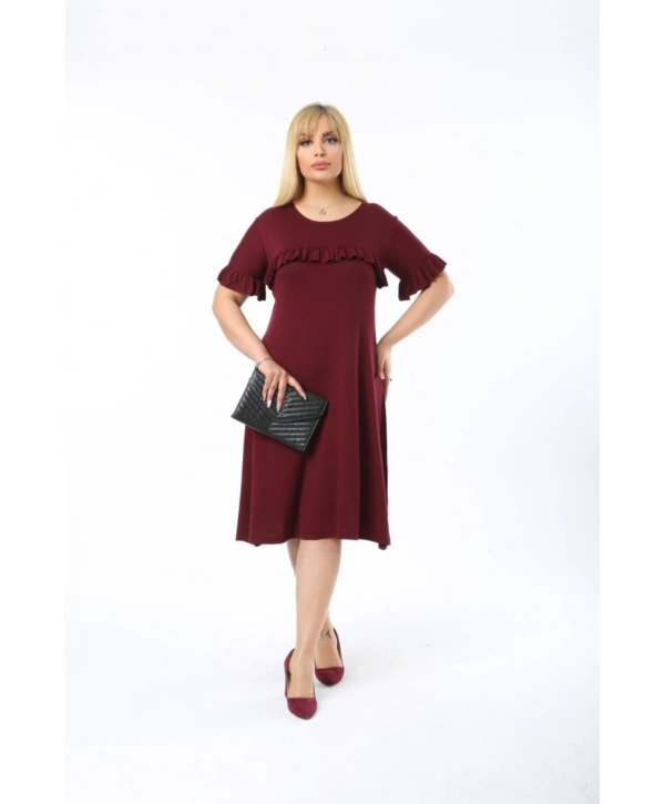 Kadın Büyük Beden Kol Ve Göğüs Fırfırlı Bisiklet Yaka Midi Boy Elbise